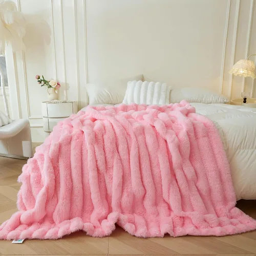 Miniatura 8 de MEGO Manta mullida de piel sintética de conejo, manta mullida de lujo con rayas acanaladas para cama, sofá, silla, manta peluda color marfil