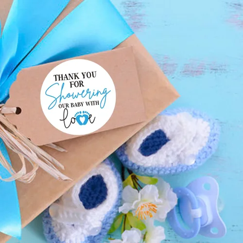 Miniatura 2 de Blue Little Feet - Calcomanías para baby shower, agradecimiento por duchar a nuestro bebé con amor, 2 pulgadas, 50 unidades, para niños