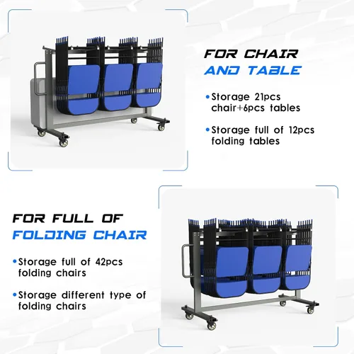 Miniatura 2 de Silla plegable gris y carrito de mesa, capacidad de peso de 400 libras, silla plegable con ruedas giratorias de 4 pulgadas que hacen que almacenar