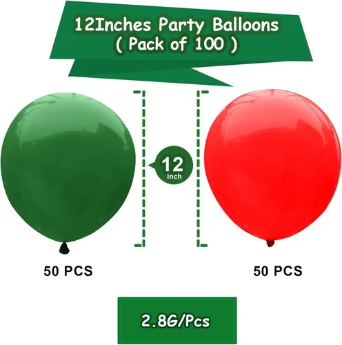 Miniatura 2 de 100 globos rojos de 12 pulgadas y globos verde oscuro para decoraciones de fiesta de cumpleaños y Navidad