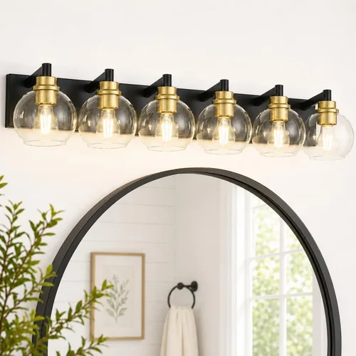 Miniatura 20 de Accesorios de iluminación de baño, luz de tocador mate negra de 2 luces, apliques de pared modernos con pantalla de globo de vidrio transparente