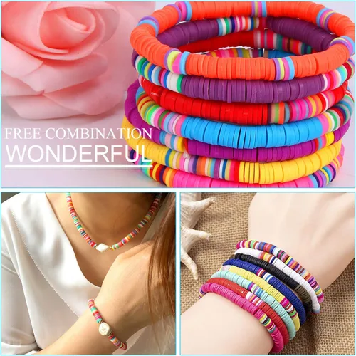 Miniatura 6 de Augshy 2100 cuentas de arcilla blanca coloridas redondas hechas a mano Heishi para hacer pulseras Heishi, cuentas planas, cuentas de arcilla