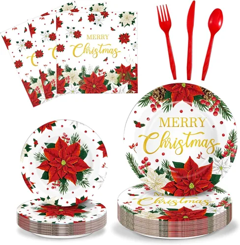 Funrous 150 Piezas Juego de Vajilla Desechable de Navidad con Flores de Pascua Poinsettia Platos de Papel y Servilletas Navideñas para Fiesta de