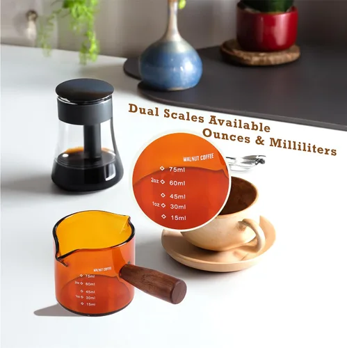 Miniatura 2 de Vaso de chupito color ámbar de 3.5 onzas, doble boquilla con mango de nogal americano, taza medidora de vidrio de doble boquilla, jarra de espuma