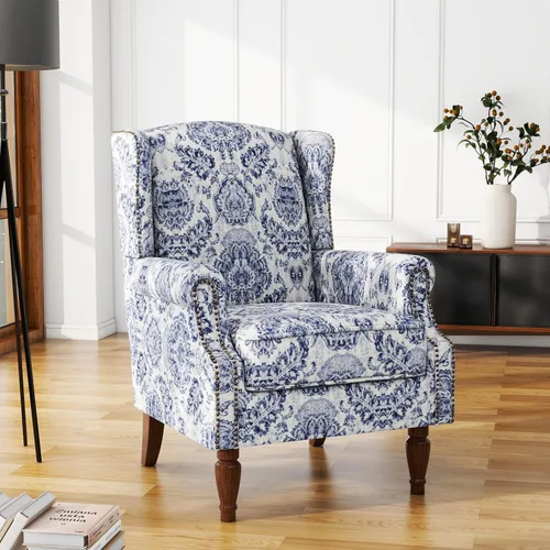 Miniatura 38 de Silla de Acento de Respaldo Alto, Sillón Tapizado en Tela para Sala de Estar, Sillón Wingback con Estampado Floral con Patas de Madera Maciza, Sofá