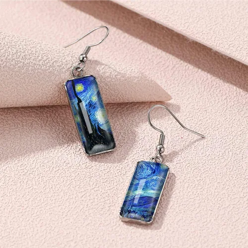 Miniatura 3 de Van Gogh - Aretes colgantes con diseño de girasol y cielo estrellado para mujer, aretes de arte abstracto