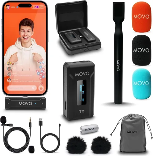 Miniatura 12 de Movo WMX-2-DUO - Sistema inalámbrico compacto de doble micrófono con soportes de extensión de mano - Mini micrófonos Lavalier inalámbricos