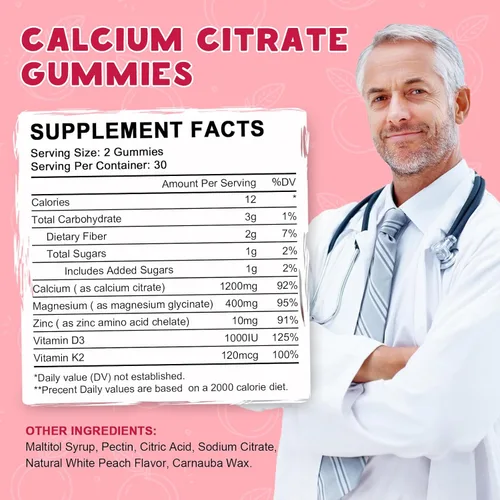 Miniatura 6 de Gomas de Citrato de Calcio 1200mg con Vitamina D3, Gomas de Calcio con Vitamina D3 para Mujeres y Hombres, Cal Magnesio Zinc para la Salud de Huesos