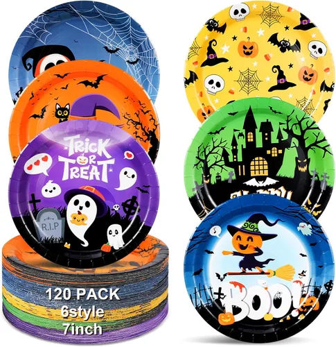 Uiifan 120 platos redondos de papel de Halloween, fantasmas, calabaza, calavera, araña, diseño de telaraña, para suministros de decoración de fiesta