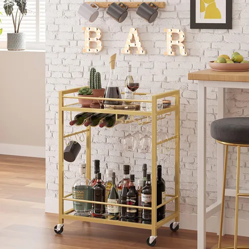 Miniatura 2 de TUTOTAK Carrito de bar, carrito de servicio para el hogar, carrito de bebidas, estante de cocina móvil con estante para vino y soporte para vidrio