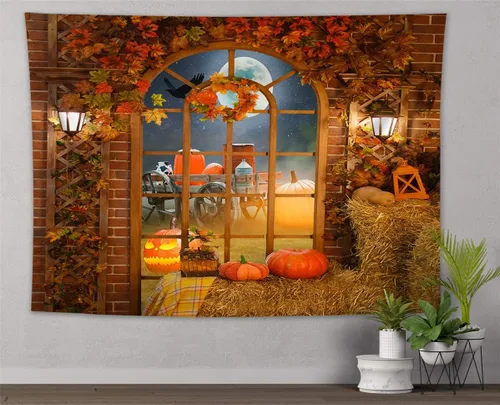 Miniatura 14 de HVEST Tapiz de bosque otoñal para colgar en la pared, hojas de arce naranja y sol, tapiz para colgar en la pared, tapiz de hojas de árbol de otoño