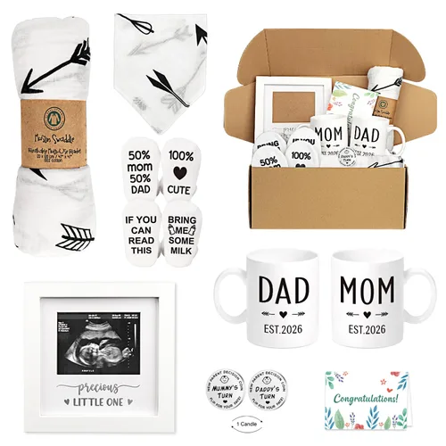 Regalos de Embarazo para Nuevos Padres Est. 2026 - Cesta de Regalos para Nueva Mamá para Anuncio de Embarazo, Baby Shower - Tazas de Mamá y Papá,