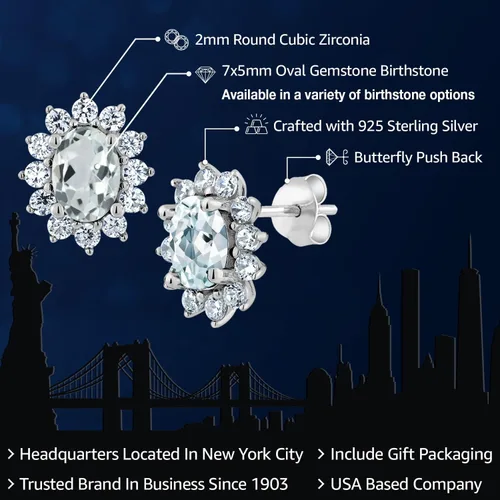 Miniatura 52 de Gem Stone King Aretes ovalados de plata de ley 925 de 0.276 x 0.197 in con piedra natal de la princesa Diana, estilo halo real para mujeres