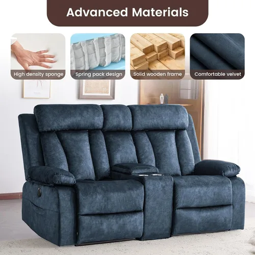 Miniatura 6 de Sofá reclinable de terciopelo, sofá biplaza reclinable doble con calor y masaje, sofá reclinable de pared con USB y tipo C, sofá reclinable