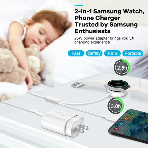 Miniatura 2 de Cargador 2 en 1 para Samsung Watch, cargador rápido USB C de 25 W, compatible con Galaxy Watch 8/8 Classic/Ultra/7/6/6 Classic/5 Pro/5/4/4 Blanco