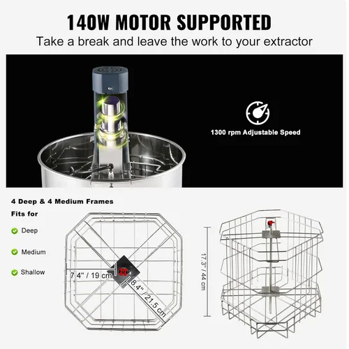 Miniatura 3 de Happybuy Extractor eléctrico de miel, 4/8 marcos giratorios de acero inoxidable para apicultura, soporte ajustable en altura, centrífuga de tambor