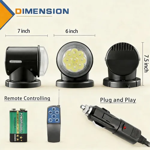 Miniatura 2 de Luz de búsqueda LED con control remoto para barco, foco marino de 60 W, 6000 lm, rotación de 360°, 6000 K, auto-reset, para caza y búsqueda, negra