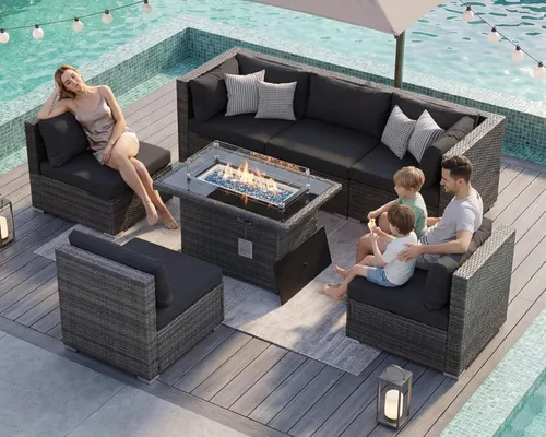 Miniatura 48 de BULEXYARD Juego de 7 piezas de sofá seccional para exteriores con respaldo alto, mesa para fogatas, juego de muebles de patio de mimbre resistente a