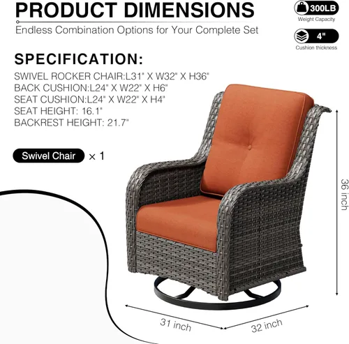 Miniatura 2 de Joyside Silla mecedora giratoria para exteriores para patio, mecedora de mimbre para exteriores con cojines de tela de olefina adecuada para porche
