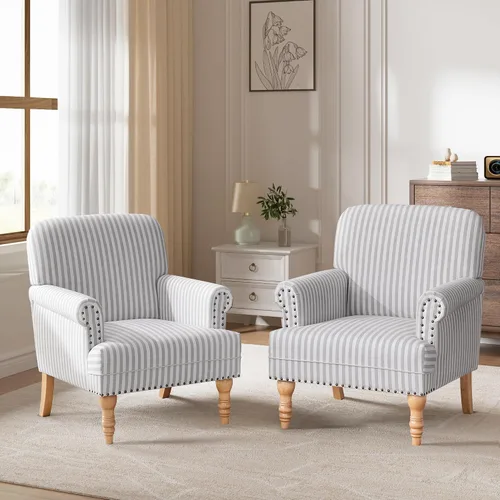Miniatura 10 de HUIMO Silla decorativa de tela de lino, sillón moderno de mediados de siglo con patas de madera maciza, sillón individual, silla tapizada para club