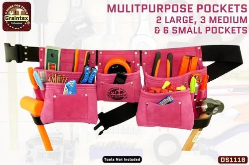 Miniatura 4 de Graintex DS1118 Cinturón de herramientas rosa de 8 bolsillos en cuero de gamuza con cinturón de 2 pulgadas, 2 bucles de cuero para martillo