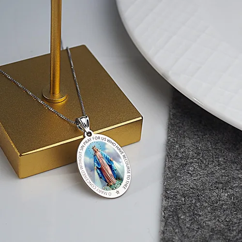 Miniatura 8 de Picturesongoldcom Collar de medalla milagrosa católica con colgante ovalado para mujeres y hombres hecho en oro amarillo o blanco de 10 K14 quilates