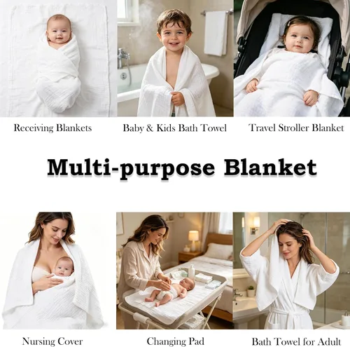 Miniatura 6 de Aablexema Juego de 2 mantas de muselina para bebé, 6 capas de 43 x 43 pulgadas, toallas de baño para recién nacidos, para niños y niñas (blanco)