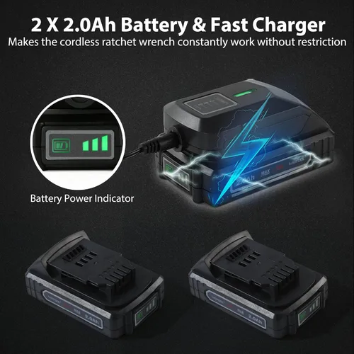 Miniatura 4 de WISETOOL Llave de trinquete inalámbrica extendida de 20 V 3/8 pulgadas con 2 baterías de 2.0 Ah, herramienta de trinquete alimentada por batería