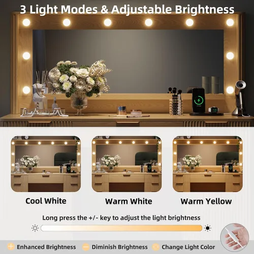 Miniatura 4 de Mesa de tocador estriada para maquillaje con espejo grande de 39.3" y luces, tocador de madera de 48.8", mesa de tocador grande, mesa de tocador