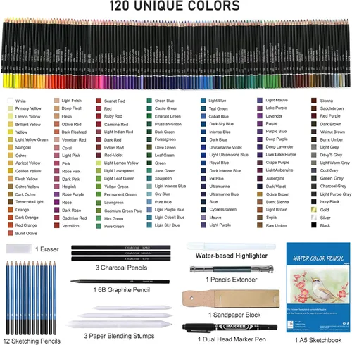 Miniatura 2 de 146 piezas de lápices de colores para dibujo y bocetos, suministros de arte incluyen lápices de carbón, coloreados, metálicos, acuarela, grafito