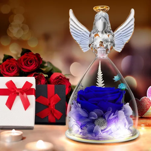 Miniatura 3 de Flores de cumpleaños para mujer: regalo de rosa preservada para mamá, abuela, esposa, amiga, enfermera; figuras de ángel de cristal con luz LED
