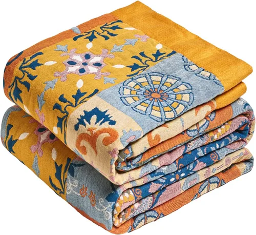 Miniatura 39 de MSGKV Manta de Tiro 100% Algodón para Cama Sofá Otoño 90''x 98'' Mantas de Muselina Súper Suaves Cálidas Colcha Bohemia Ligera Mantas Decorativas