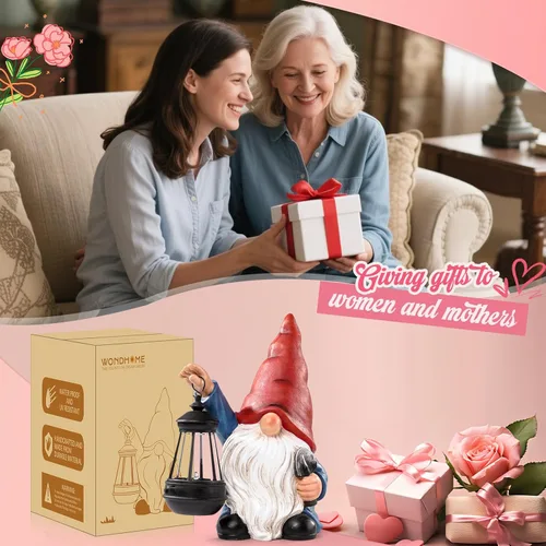 Miniatura 6 de Estatuas de gnomos de jardín para exteriores con pala, gnomo solar con farol, luces LED, decoración de terraza, Navidad, patio, césped, porche