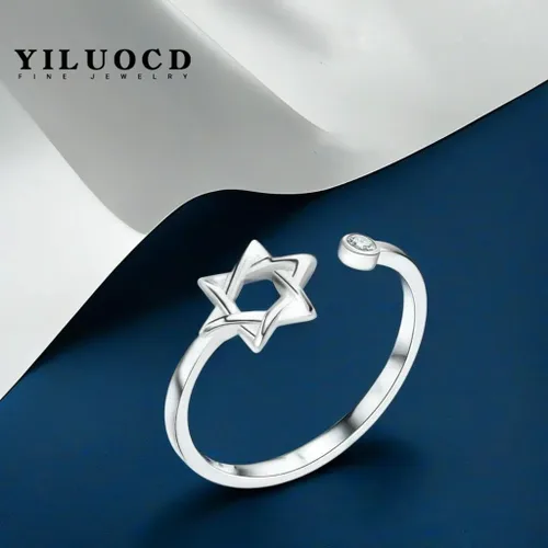 Miniatura 6 de YILUOCD Anillo de circón de estrella de David para mujer, amuleto simple Magen David Wiccano, anillos ajustables hexagonales, joyería judía