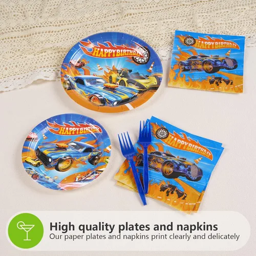 Miniatura 4 de Grencian 96 piezas de decoración de cumpleaños de coches de carreras para niños, platos y servilletas de fiesta de coches, juego de vajilla