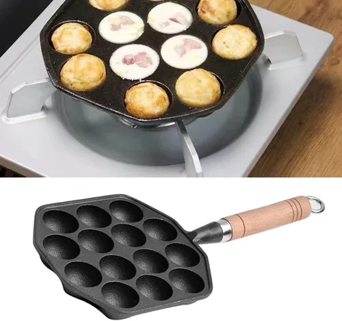 Miniatura 5 de HERCHR Takoyaki - Plato para parrilla, 14 agujeros, sartén Takoyaki, antiadherente, de hierro fundido, para hacer moldes con mango desmontable