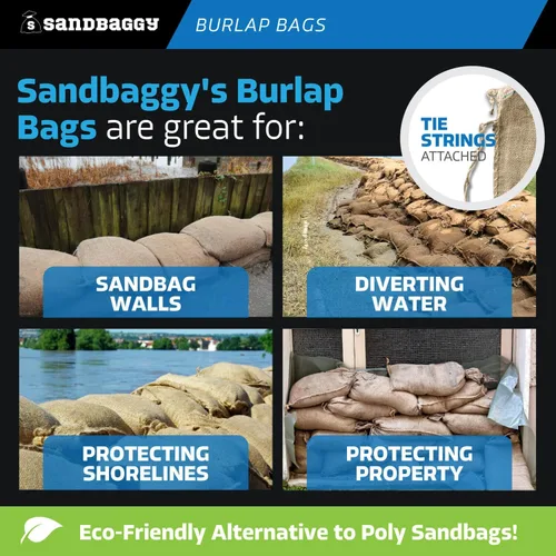 Miniatura 4 de Sandbaggy Bolsas de arena de arpillera - Tamaño: 14" x 26" - Capacidad de peso de 50 lb - Para inundaciones, barrera de agua de inundación, tienda
