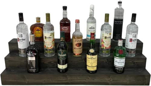 Miniatura 12 de Estantería de exhibición escalonada hecha a mano, exhibición de barra de tres niveles, organizador de barra, exhibición de botellas de licor