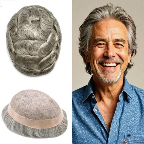 Miniatura 54 de Mens Toupee Hair Pieces sistema de reemplazo para hombres cabello humano real fino mono toupee para hombres sistema de cabello protesis capilar