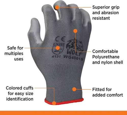 Miniatura 4 de WOLF Guantes de trabajo con palma recubierta de poliuretano y carcasa de nylon, para construcción, mecánica, almacén, trabajo de jardinería, trabajo