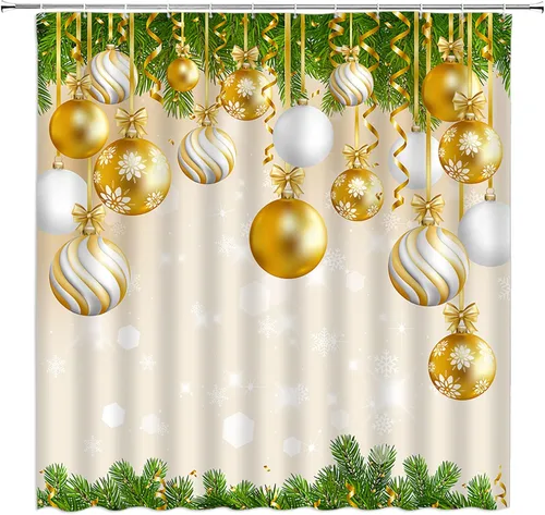 Miniatura 10 de AMFD Cortina de ducha de Feliz Navidad, bolas de Navidad azules, fantasía, vacaciones de invierno, feliz año nuevo, blanco, juego de decoración