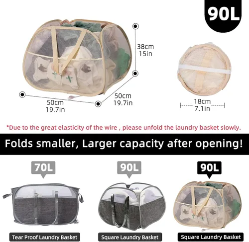 Miniatura 2 de Cesta de lavandería plegable, cesta de ropa plegable emergente de 90L con asas, cesta de ropa sucia de malla cuadrada para lavandería, baño