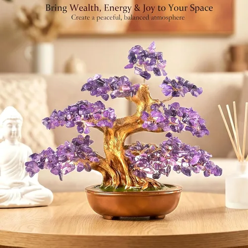 Miniatura 7 de Árbol de la vida de cristal de amatista, árbol bonsái hecho a mano con piedras naturales (360 cuentas grandes), curación de chakras para energía
