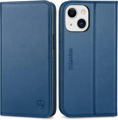 Miniatura 10 de SHIELDON Funda para iPhone 13 Mini 5G, cartera de piel auténtica, cierre magnético, ranuras para tarjetas, función atril, funda de protección Negro