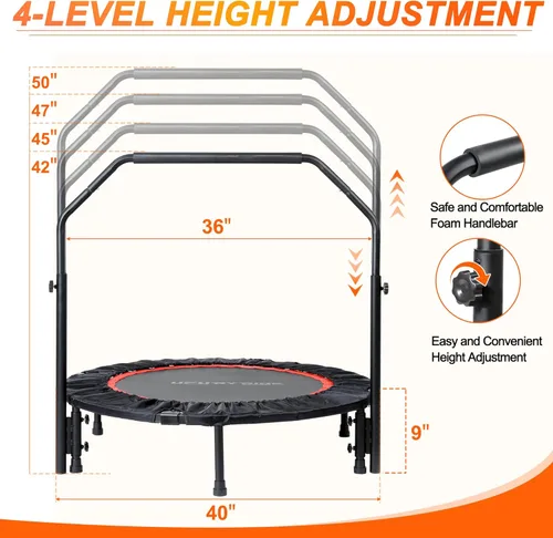 Miniatura 5 de Foldable Mini Trampoline Load 330lbs, 40"/48" Rebounder Trampoline for Adults with Durable Bungee Band and Adjustable Foam Handle for Home Gym