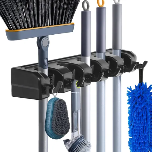 HYRIXDIRECT Soporte de pared para escoba, soporte para trapeador, organizador de herramientas de jardín, garaje, lavandería, organizaciones y Negro