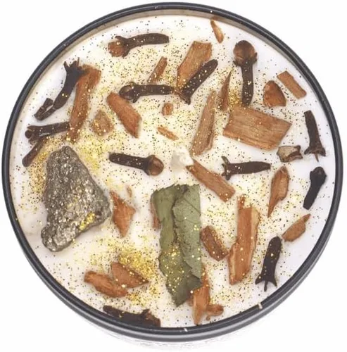 Miniatura 7 de BlkGrlMagick Money Manifestation - Vela de cristal de pirita, hecha a mano, cremosa aroma de sándalo de coco, menta, canela y clavo de olor