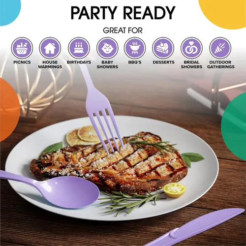 Miniatura 6 de Party Solids Tenedores de plástico lavanda, 200 piezas, tenedores de lavanda, utensilios desechables, juego de cubiertos de plástico resistente