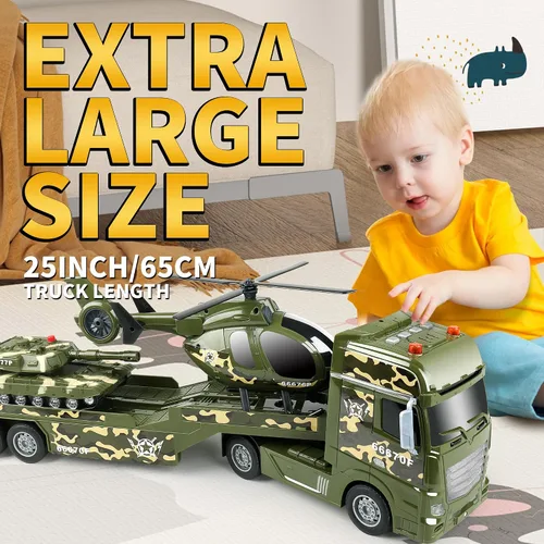 Miniatura 4 de Dwi Dowellin Camiones de Juguete Militares Grandes Verdes, Camión Semi de Juguete de 25.6" con Helicópteros y Tanque, Juguetes del Ejército