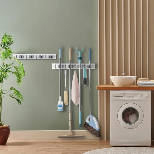 Miniatura 5 de OUTNILI Paquete de 2 Soporte para Escoba y Trapeador de Montaje en Pared - Colgador de Escoba y Trapeador de Madera Blanca - Organizador de Rack